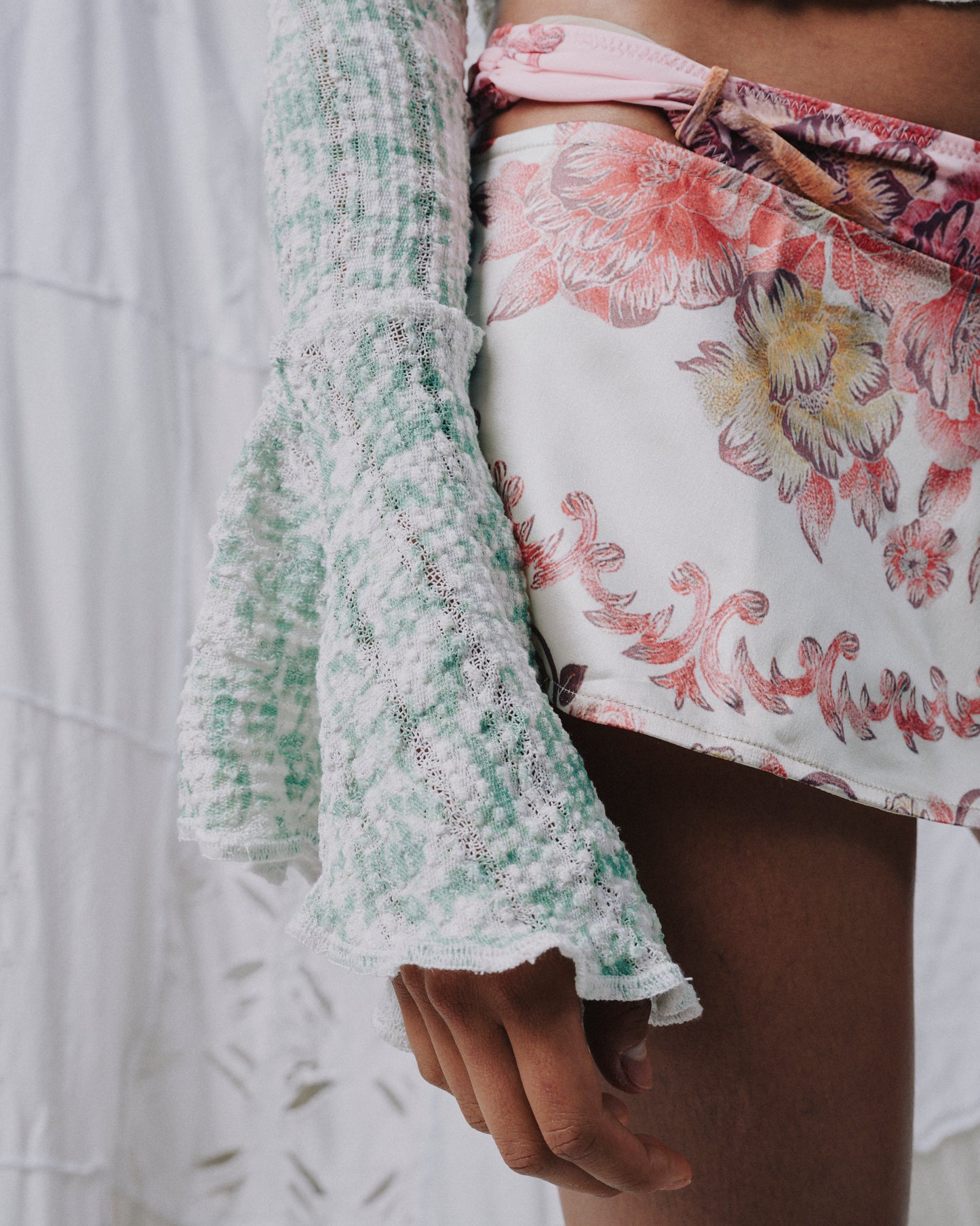 Stretch Weave Flared Long Sleeve Top - Sage Foliage