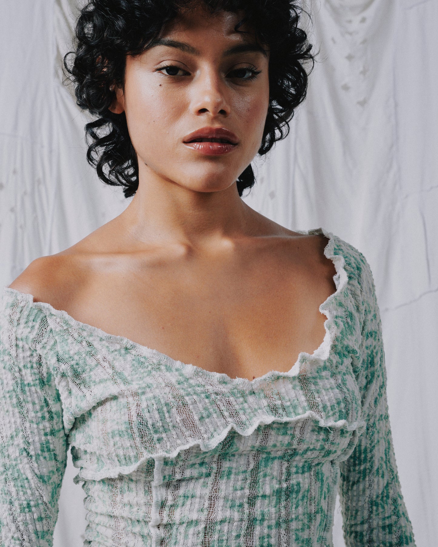 Stretch Weave Flared Long Sleeve Top - Sage Foliage