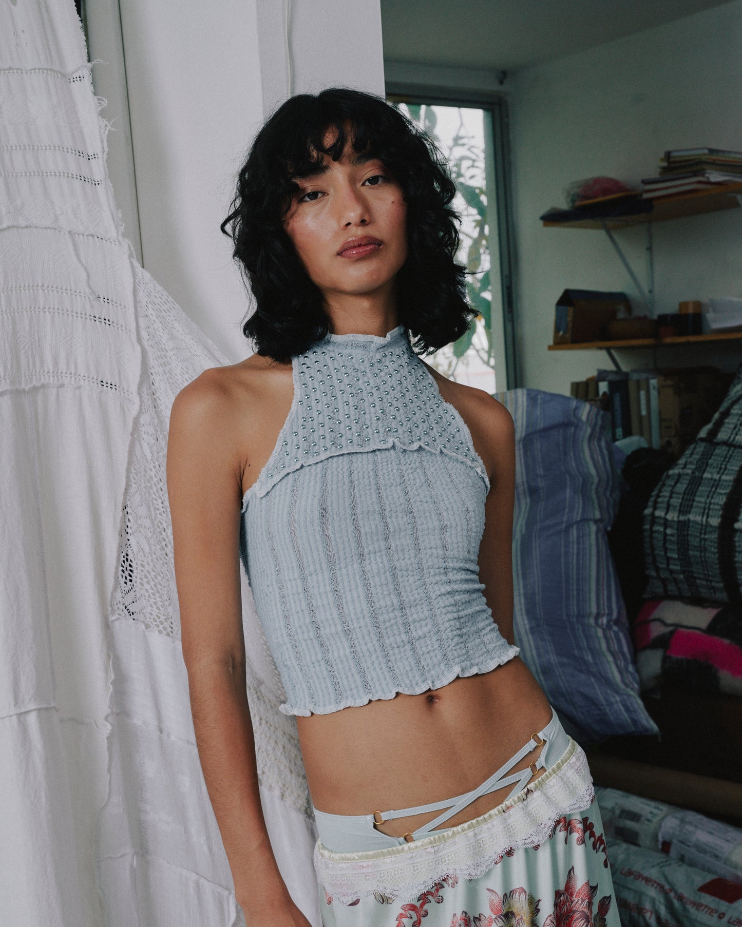 Stretch Weave Halter Top With Rivets