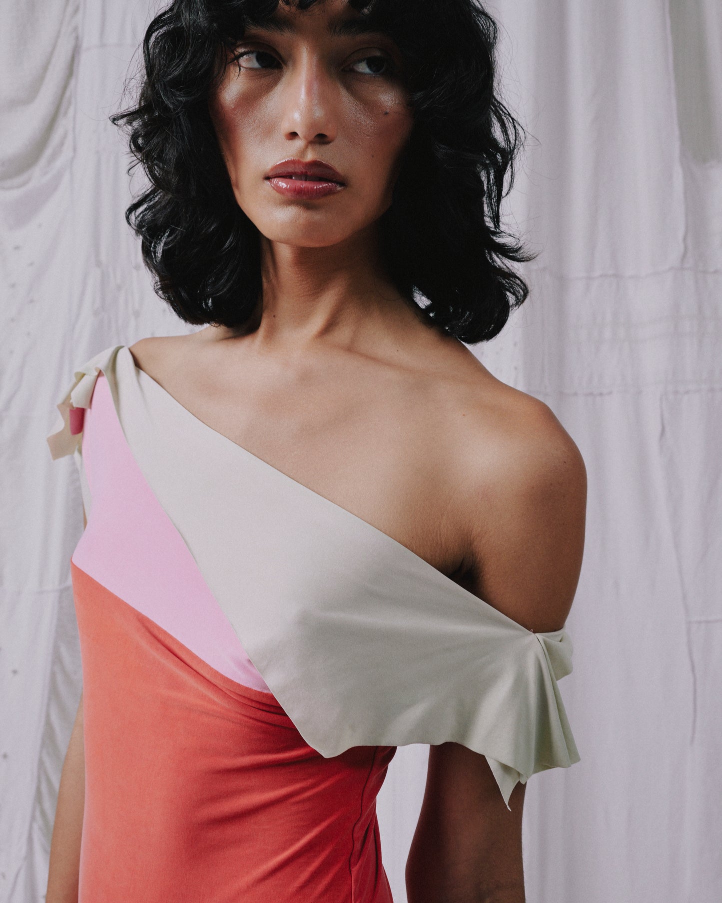 Three Tone Cupro Assymetrical Dress