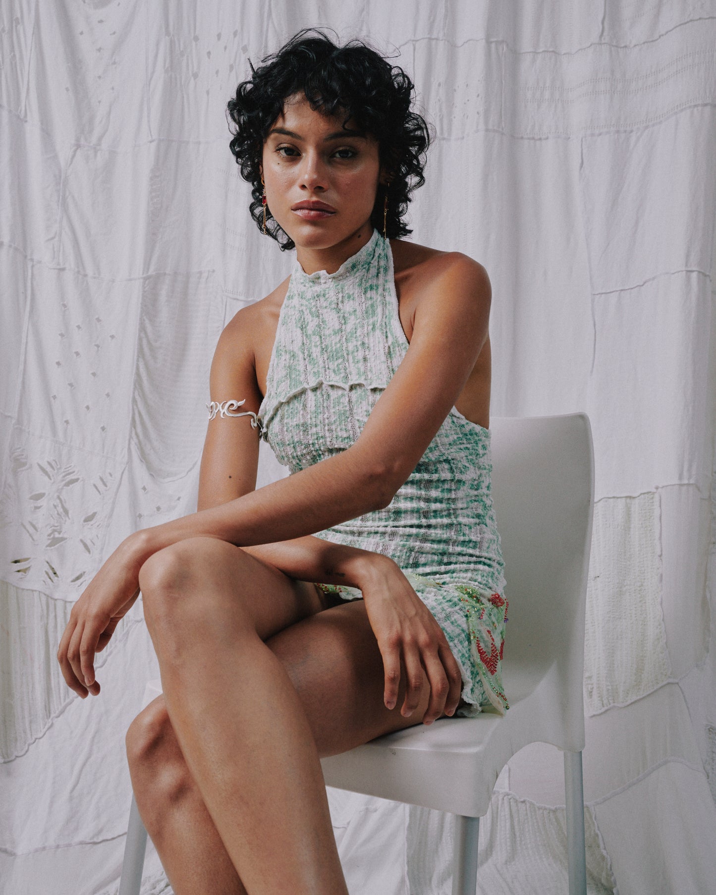 Stretch Weave Mini Halter Dress - Sage Foliage