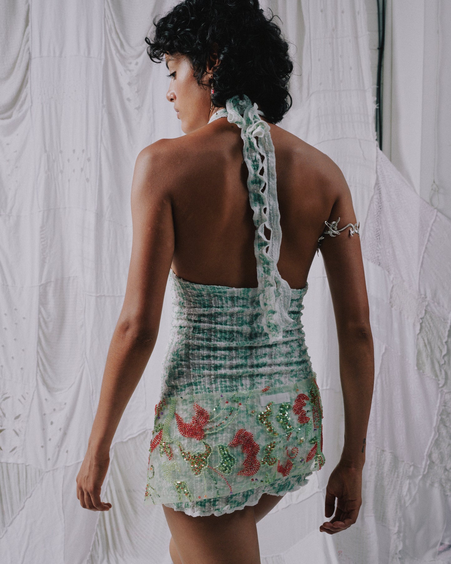 Stretch Weave Mini Halter Dress - Sage Foliage