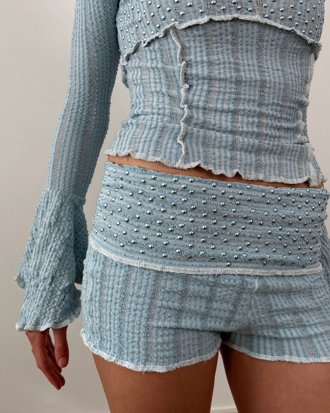 Stretch Weave Mini Shorts With Rivets.
