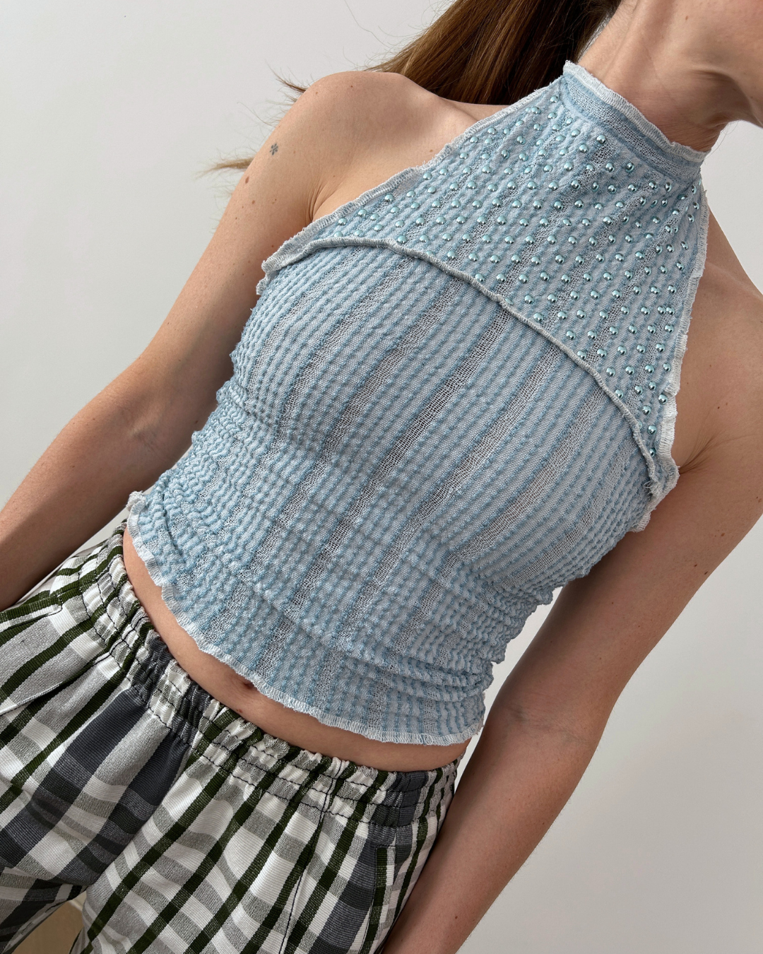 Stretch Weave Halter Top With Rivets