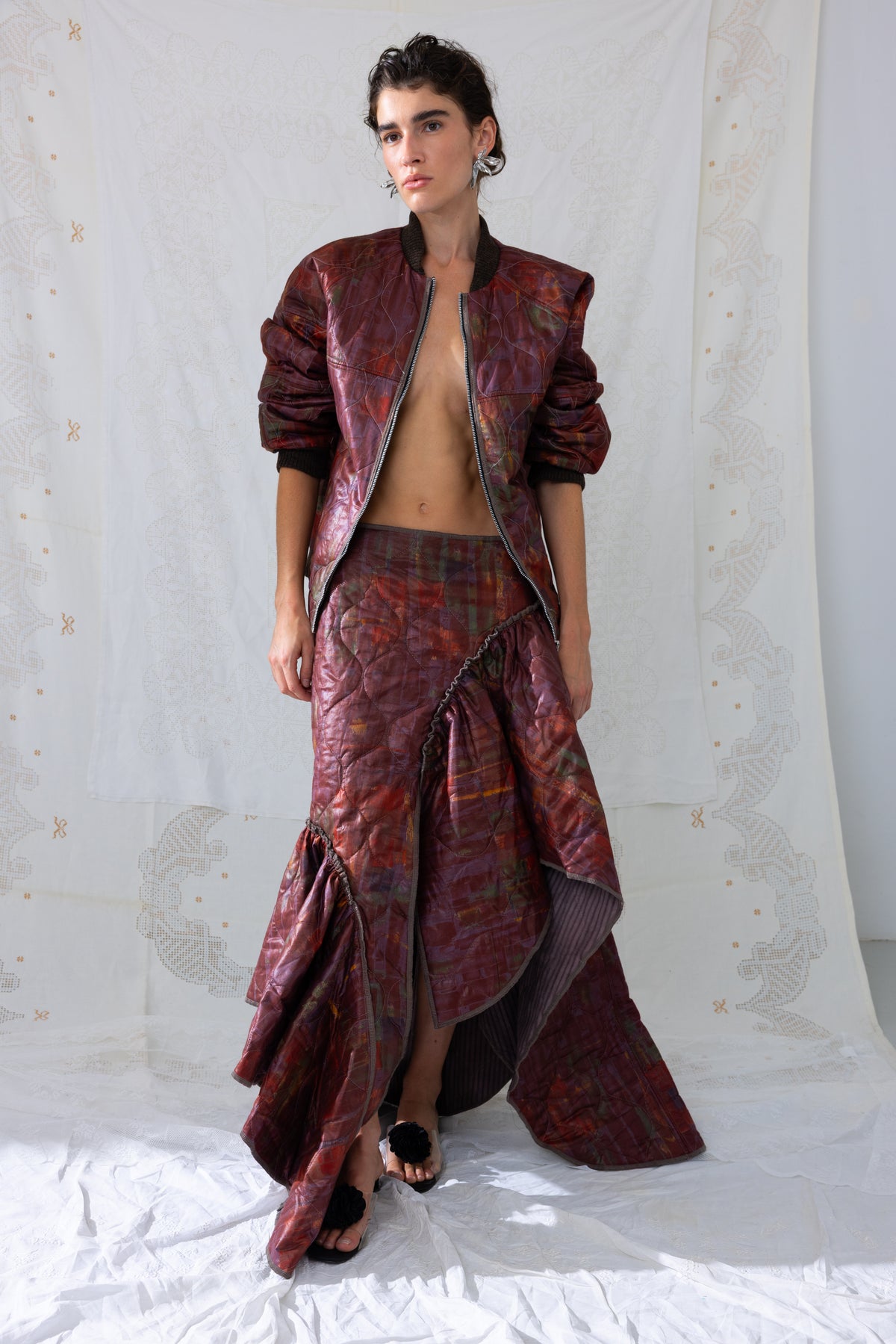 Quilted Fluid Skirt - Burgundy